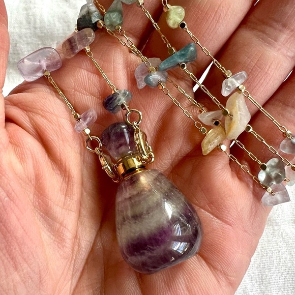 Banded Fluorite POISON Bottle Necklace Pendant - Essential Oils